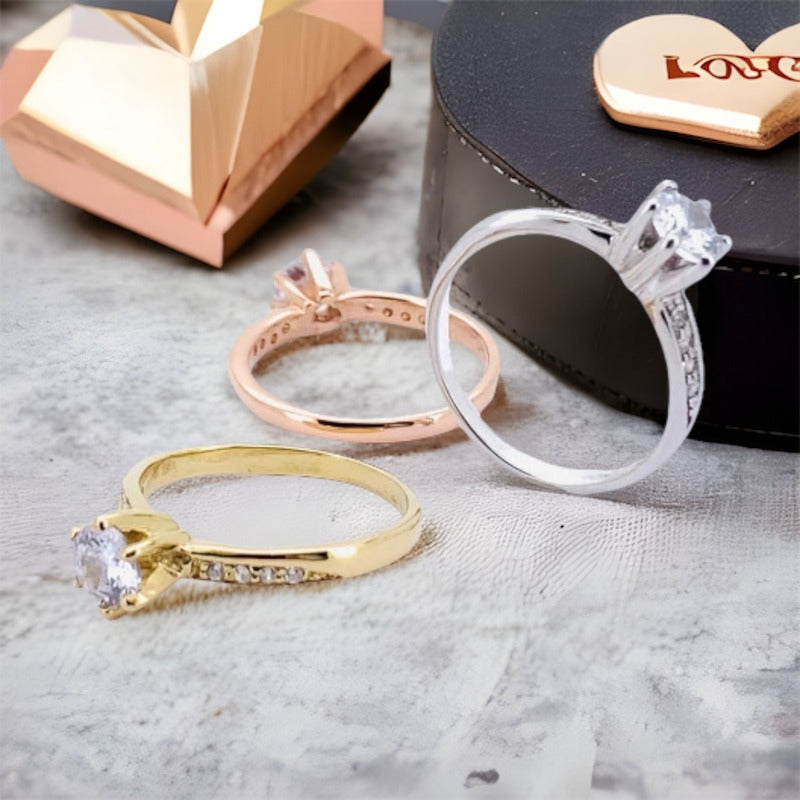 Anillo Compromiso Fina Plata Swarovski Y Baño De Oro 14k Fnx