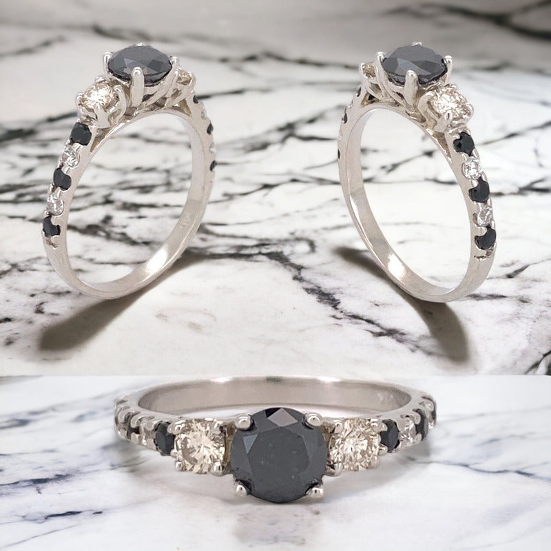 Anillo Compromiso Oro 14k Diamante Negro, Diamantes Blancos