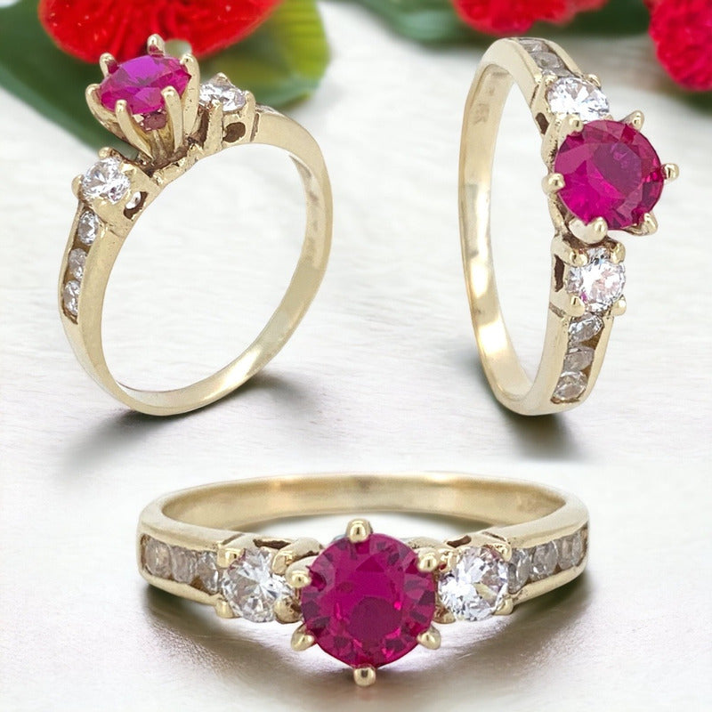 Anillo Compromiso Plata Baño De Oro Y Rubí