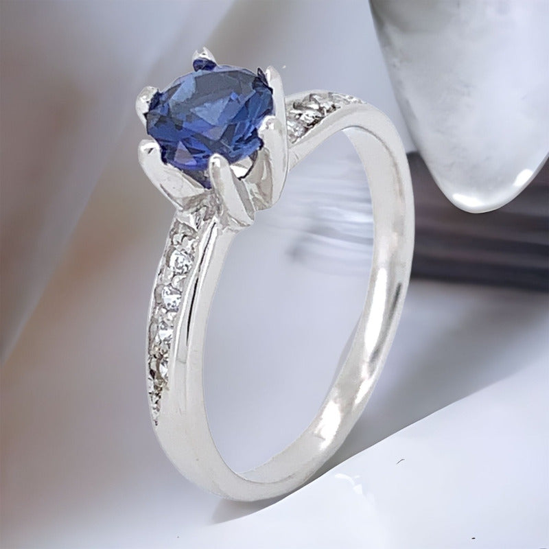 Anillo Compromiso Plata Baño Oro Con Zafiro. Fenix