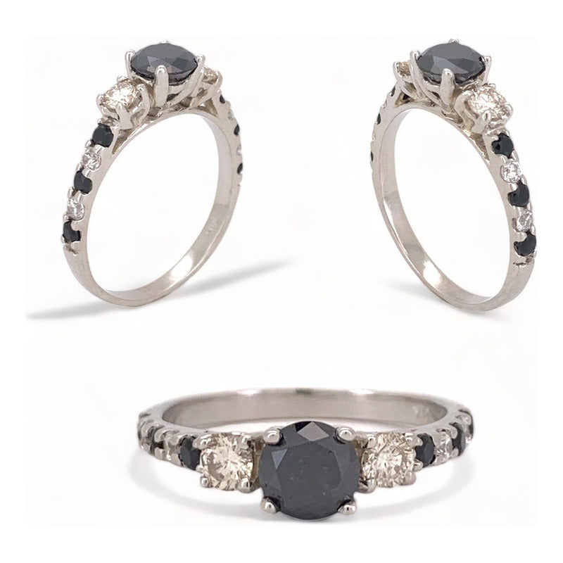 Anillo Compromiso Oro 14k Diamante Negro, Diamantes Blancos