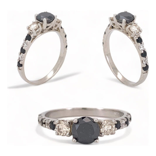 Anillo Compromiso Oro 14k Diamante Negro, Diamantes Blancos