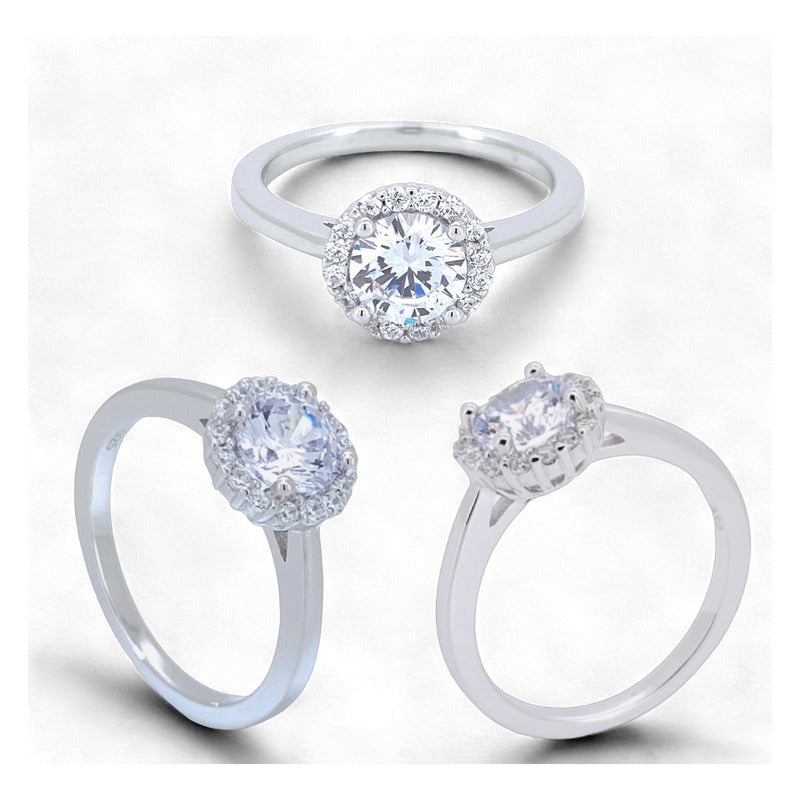 Anillo Compromiso Halo Plata Baño Oro Y Rodio Brillantes